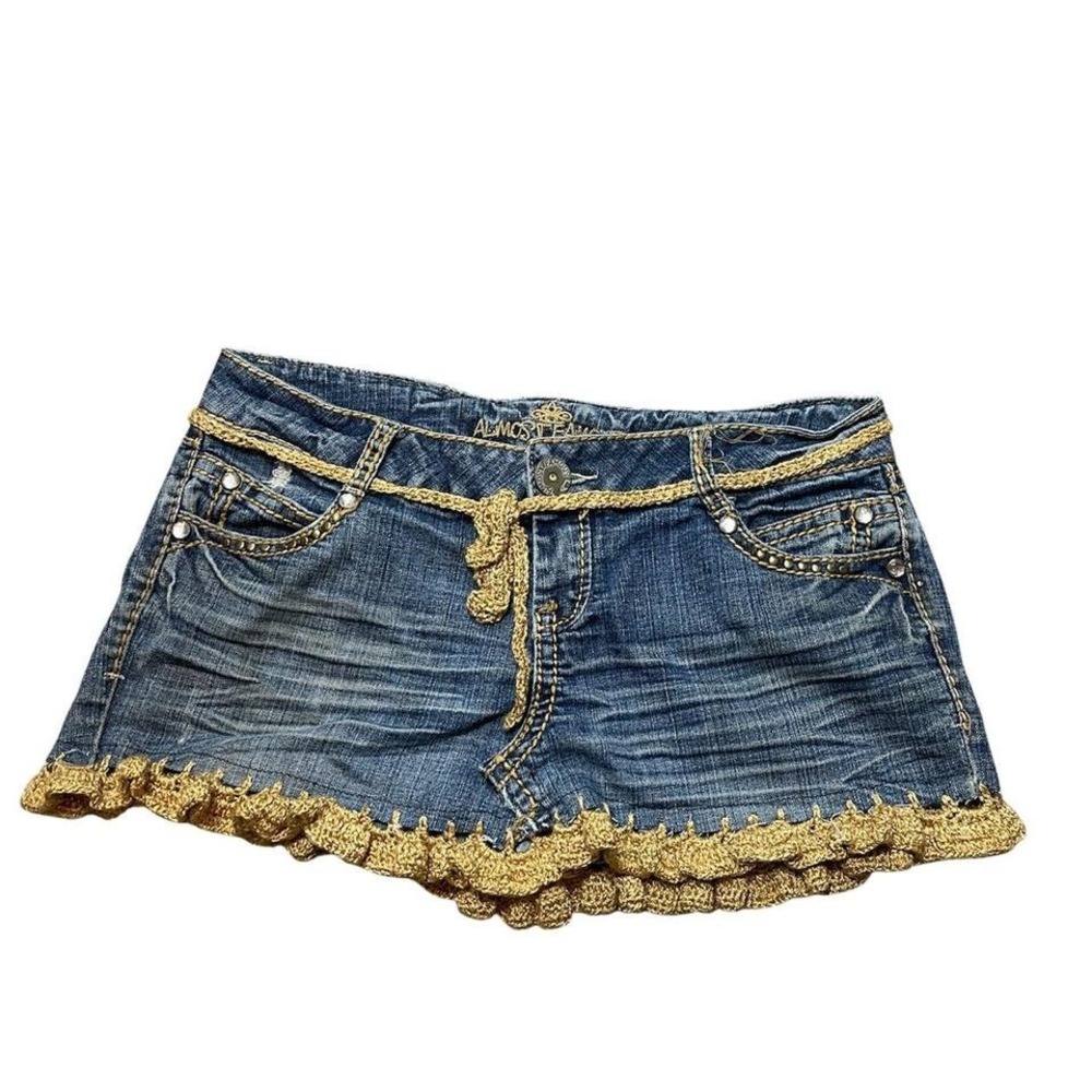 upcycled Almost Famous blue denim mini skirt with gold crochet ruffles